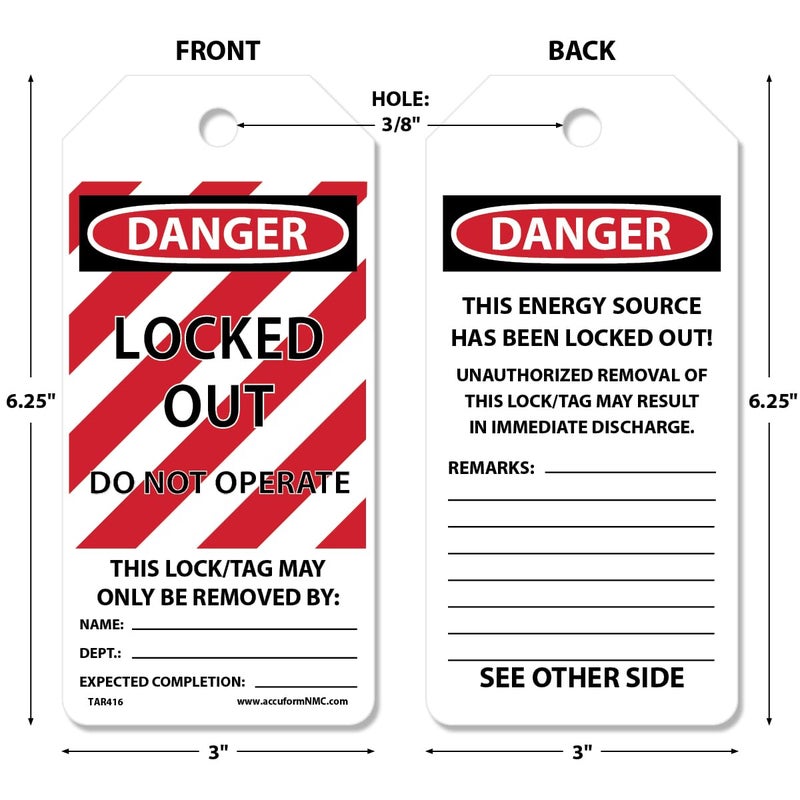 AccuformNMC 250 Lockout Tags by-The-Roll, Danger Locked Out Do Not Operate, US Made OSHA Compliant Tags, Waterproof PF-Cardstock, Resists Tears, 6.25"x3", TAR416 - Image 2